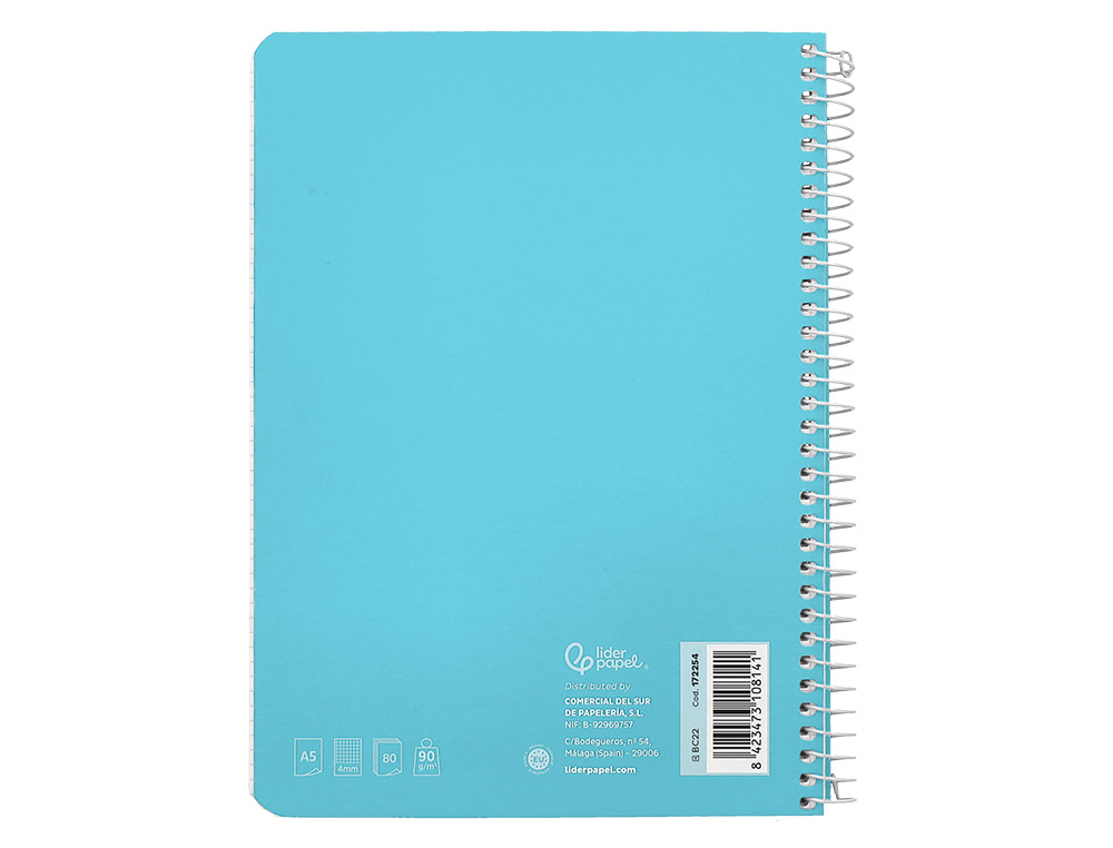 CUADERNO ESPIRAL LIDERPAPEL DIN A5 WITTY TAPA DURA 80H 90GR CUADRO 4MM CON MARGEN COLOR AZUL