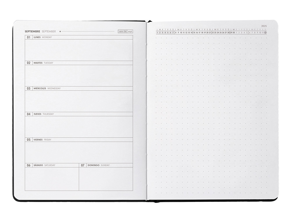 AGENDA ESCOLAR ANTARTIK 25-26 ENCUADERNADA GO! SIMIL PIEL NEGRO SEMANA VISTA A5 BILINGEPAPEL FSC 80 GR