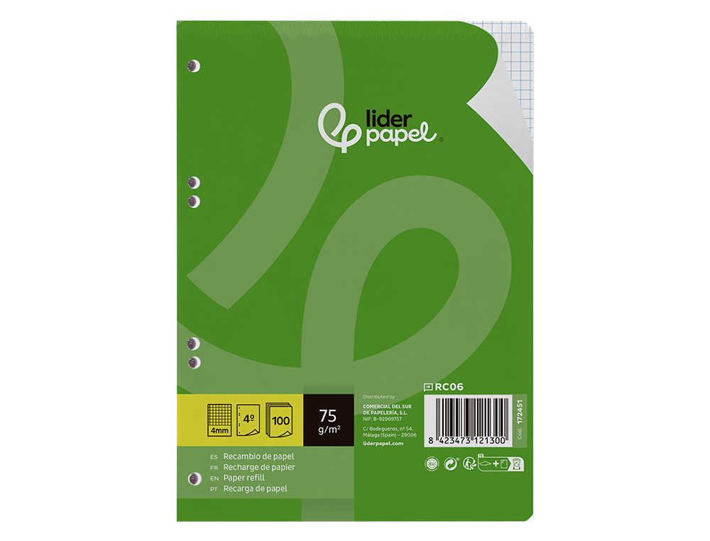 RECAMBIO LIDERPAPEL A5 100 HOJAS 75GR CUADRO 4MM CON MARGEN 6 TALADROS