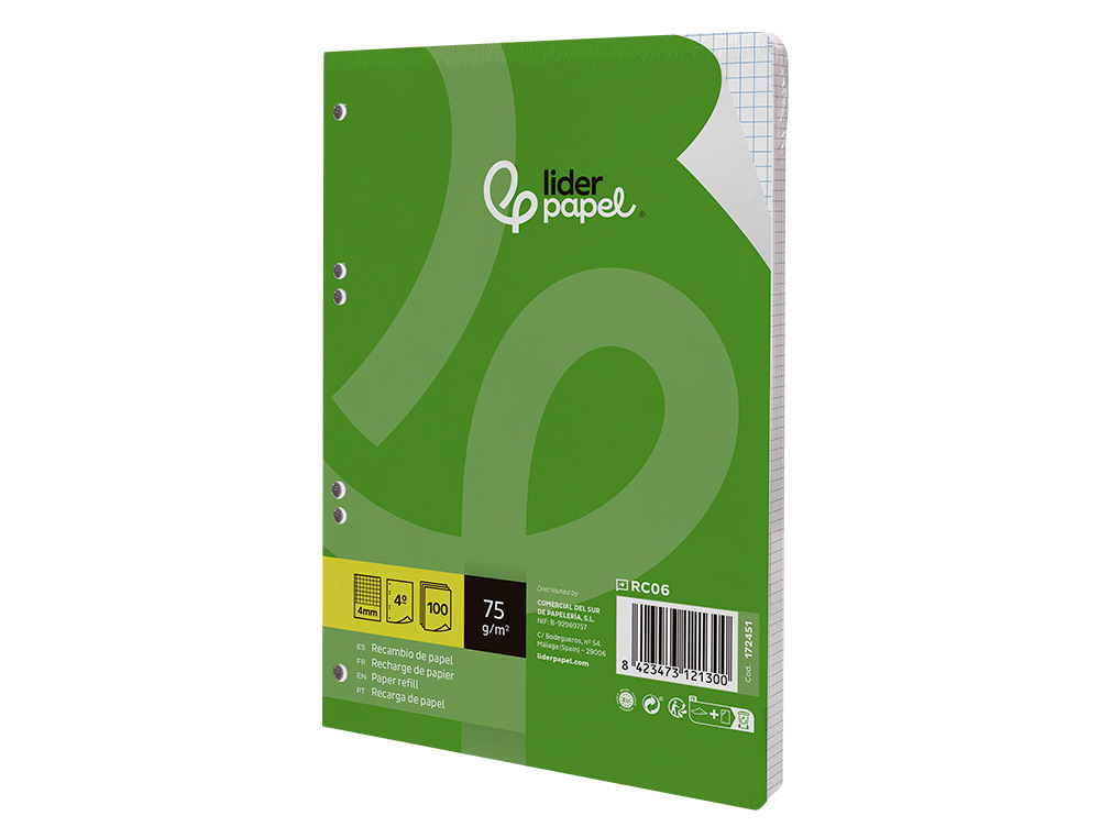 RECAMBIO LIDERPAPEL A5 100 HOJAS 75GR CUADRO 4MM CON MARGEN 6 TALADROS