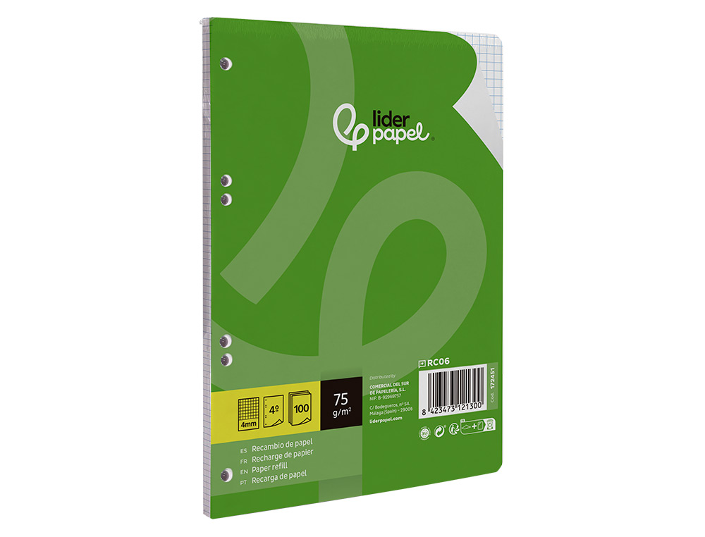 RECAMBIO LIDERPAPEL A5 100 HOJAS 75GR CUADRO 4MM CON MARGEN 6 TALADROS