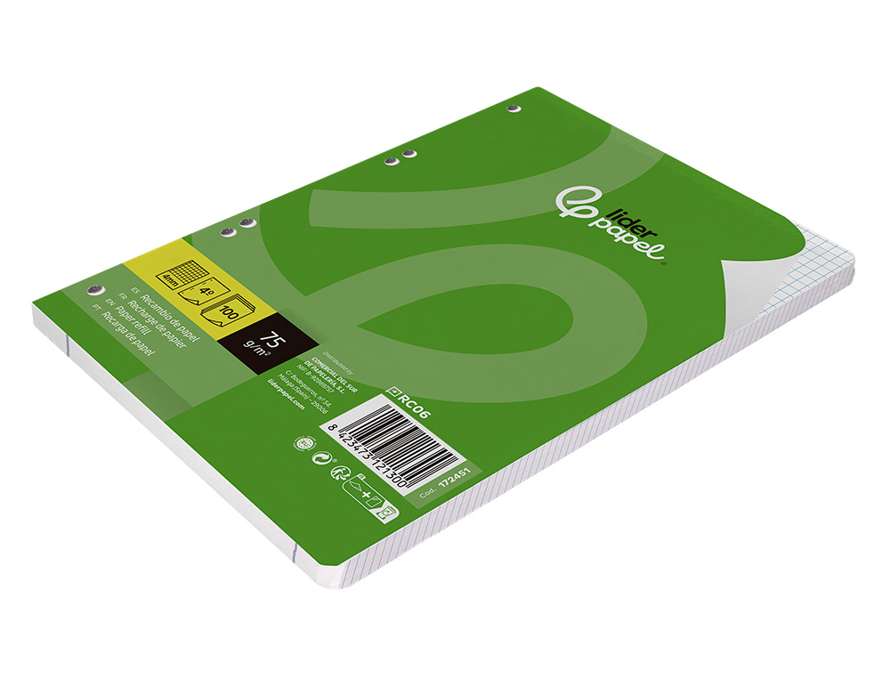 RECAMBIO LIDERPAPEL A5 100 HOJAS 75GR CUADRO 4MM CON MARGEN 6 TALADROS