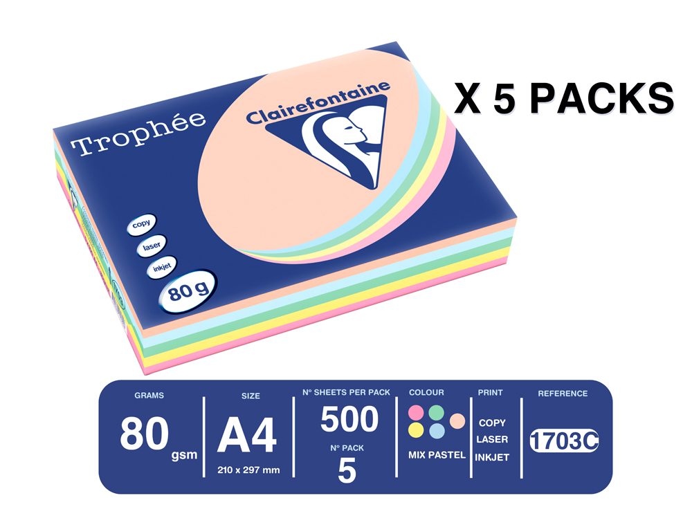 PAPEL COLOR TROPHEE A4 80GR 5 COLORES SURTIDOS PASTEL PAQUETE DE 500 HOJAS (100 HOJAS X COLOR)