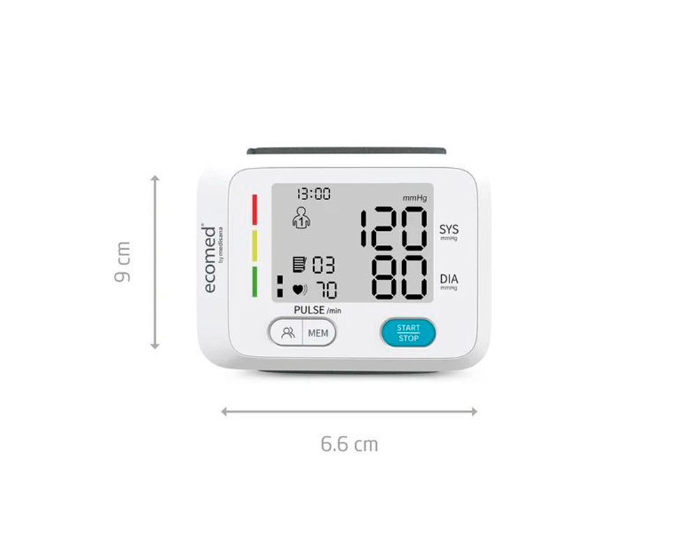 TENSIOMETRO DE MUÑECA MEDISANA ECOMED AUTOMATICO CON MEMORIA DUAL Y DETECTOR DE ARRITMIAS