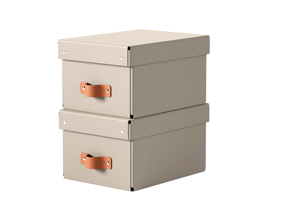CAJA DE ALMACENAJE LEITZ CARTON PEQUEÑA CON ASA DE PIEL COLOR BEIGE PACK DE 2 UNIDADES