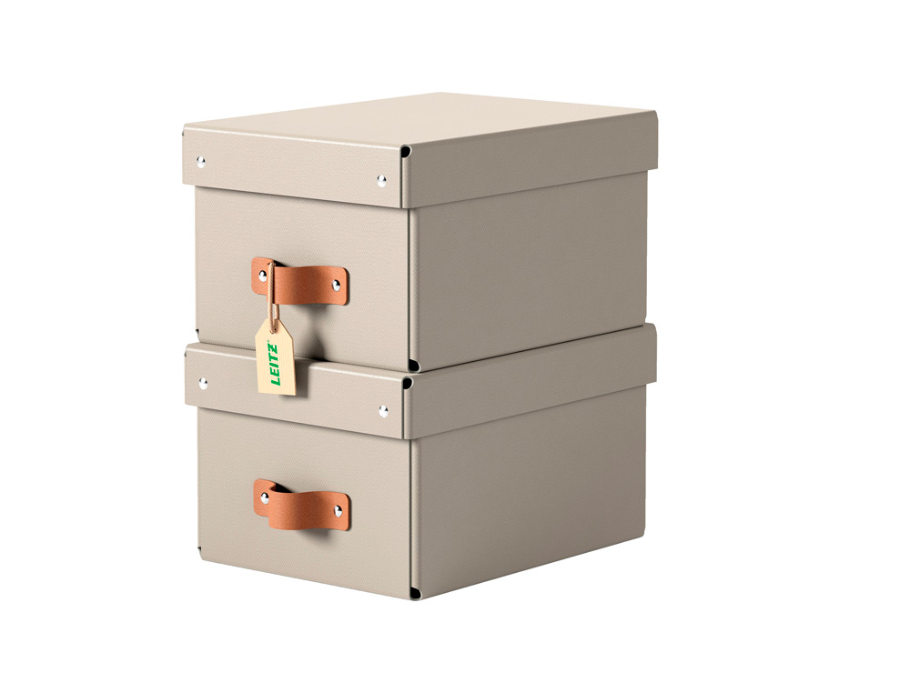 CAJA DE ALMACENAJE LEITZ CARTON PEQUEÑA CON ASA DE PIEL COLOR BEIGE PACK DE 2 UNIDADES