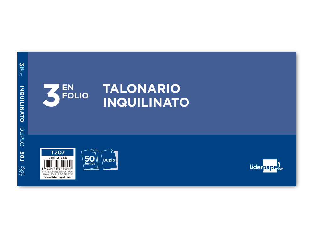 TALONARIO LIDERPAPEL INQUILINATO 3/Fº ORIGINAL Y COPIA T207 CON CODICIONES E I.V.A.