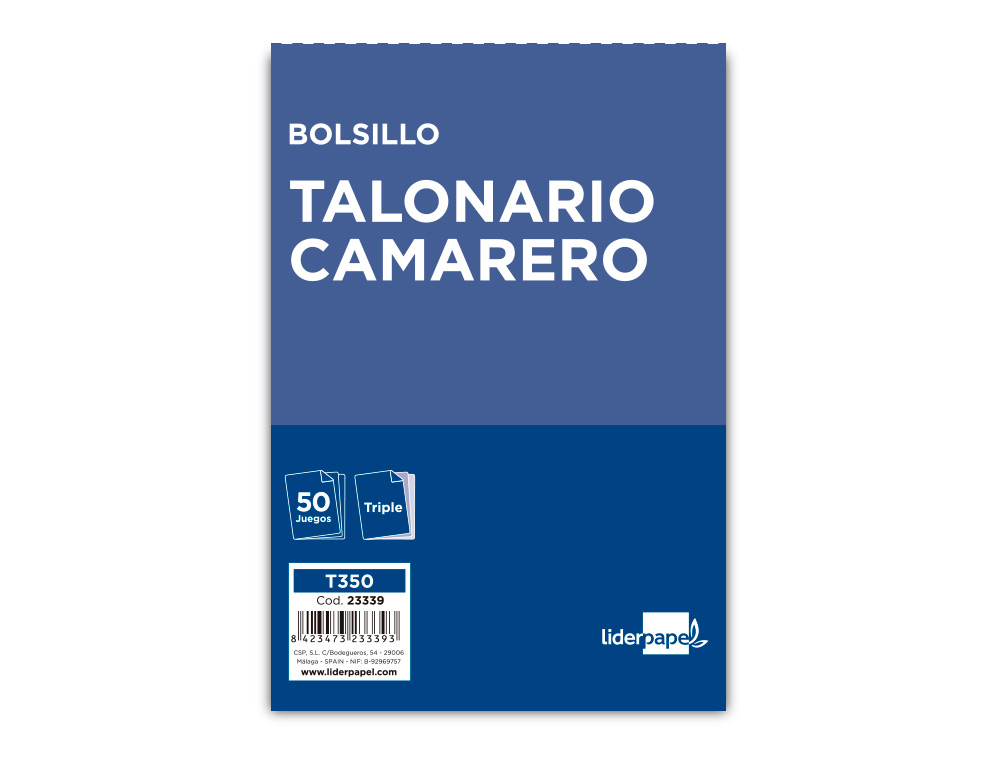 TALONARIO LIDERPAPEL CAMARERO BOLSILLO ORIGINAL Y 2 COPIAS T350