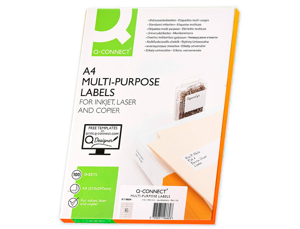 ETIQUETA ADHESIVA Q-CONNECT KF10654 TAMAÑO 105X37 MM FOTOCOPIADORA LASER INK-JET CAJA CON 100 HOJAS DIN A4