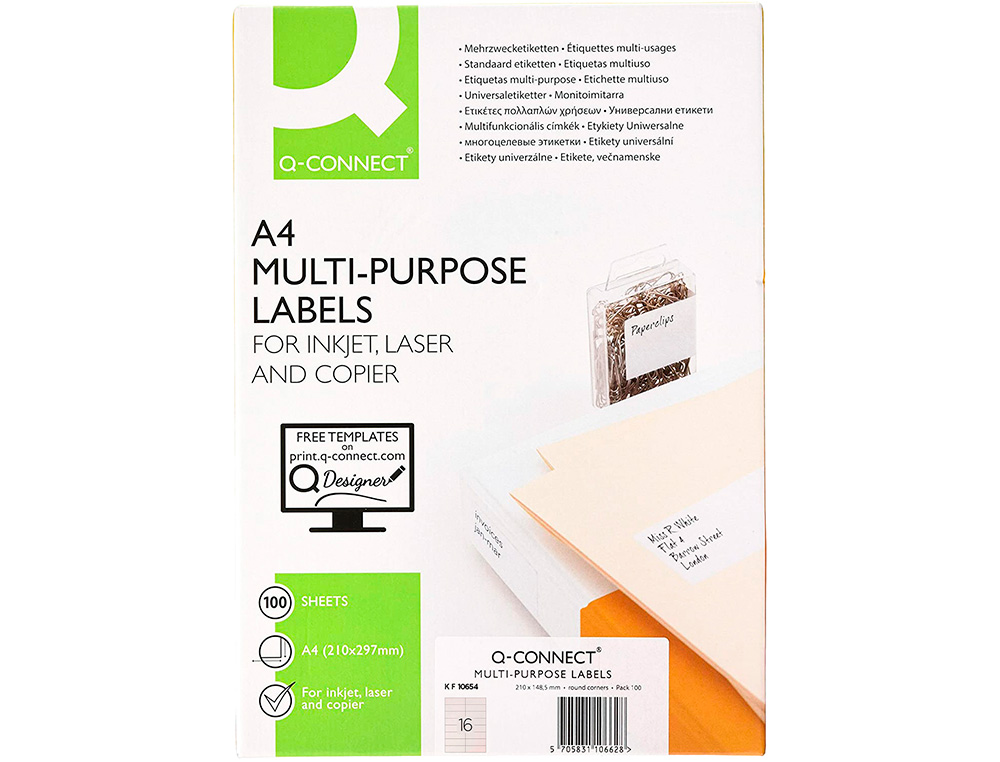 ETIQUETA ADHESIVA Q-CONNECT KF10654 TAMAÑO 105X37 MM FOTOCOPIADORA LASER INK-JET CAJA CON 100 HOJAS DIN A4