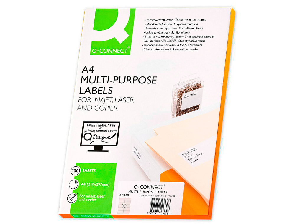 ETIQUETA ADHESIVA Q-CONNECT KF10658 TAMAÑO 105X57 MM FOTOCOPIADORA LASER INK-JET CAJA CON 100 HOJAS DIN A4