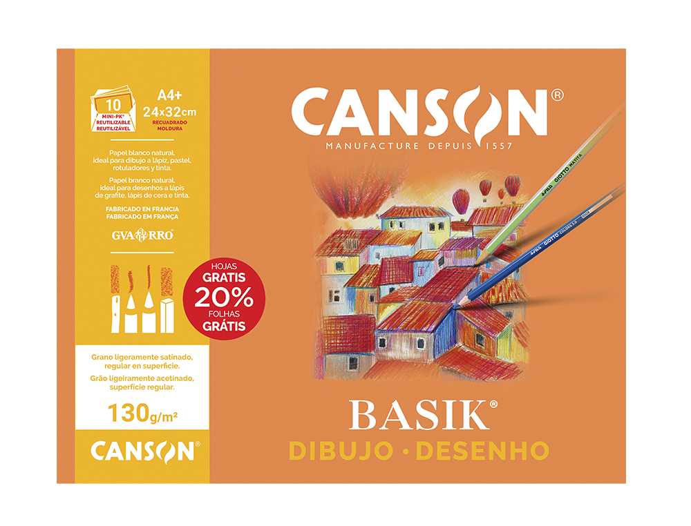 PAPEL DIBUJO BASIK 240X320 DIN A4 + 130 GR CON RECUADRO MINIPACK DE 10 HOJAS