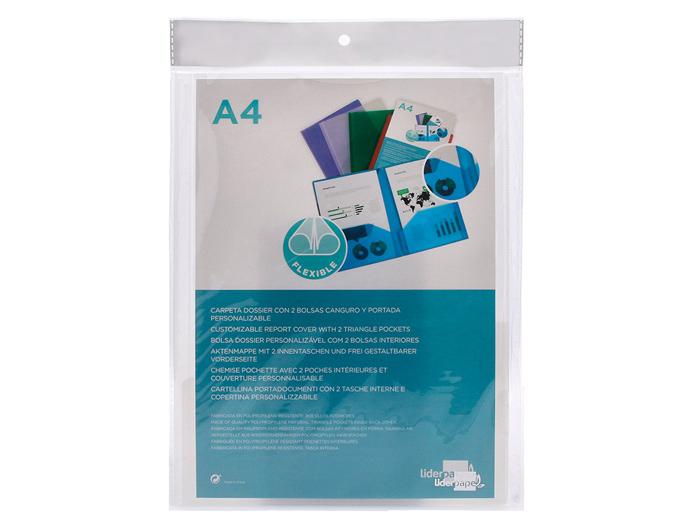 CARPETA LIDERPAPEL DOSSIER DOS BOLSAS CANGURO 45684 POLIPROPILENO DIN A4 TRANSPARENTE