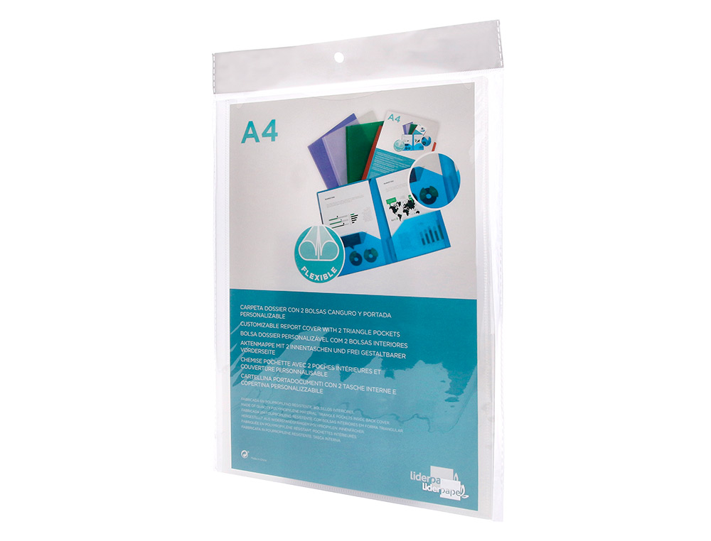 CARPETA LIDERPAPEL DOSSIER DOS BOLSAS CANGURO 45684 POLIPROPILENO DIN A4 TRANSPARENTE