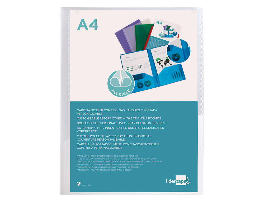 CARPETA LIDERPAPEL DOSSIER DOS BOLSAS CANGURO 45684 POLIPROPILENO DIN A4 TRANSPARENTE