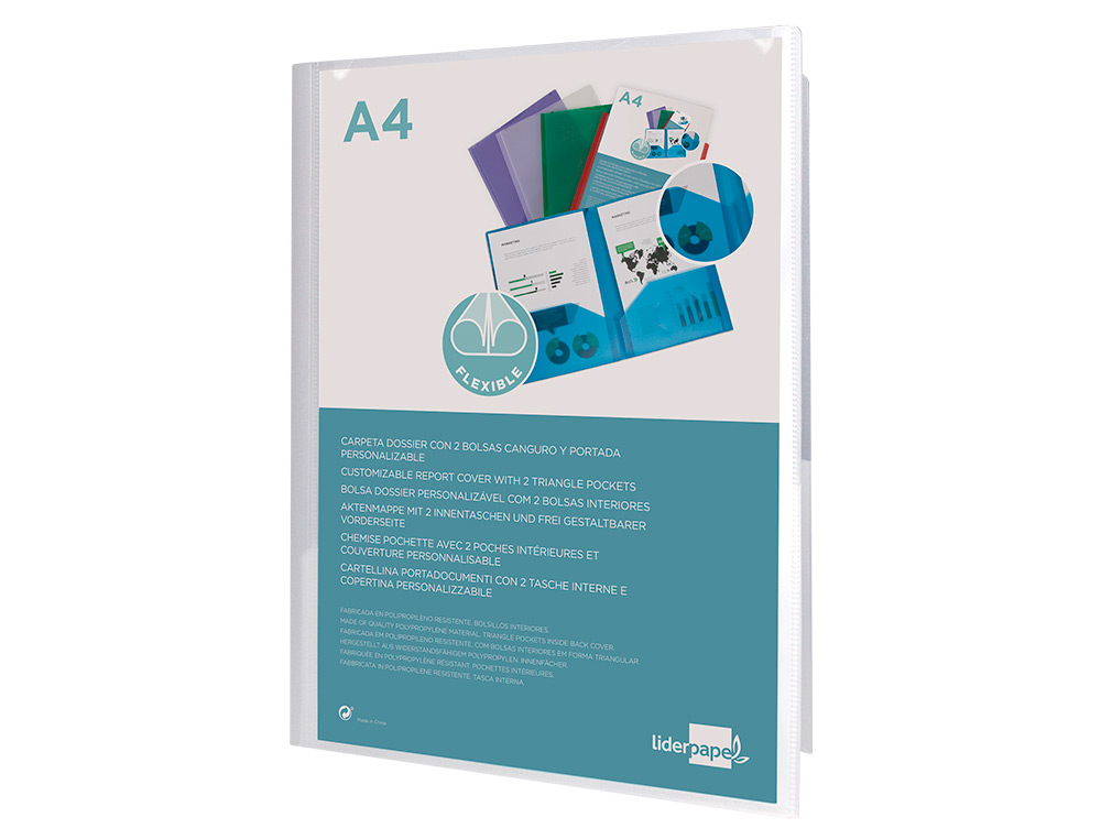 CARPETA LIDERPAPEL DOSSIER DOS BOLSAS CANGURO 45684 POLIPROPILENO DIN A4 TRANSPARENTE