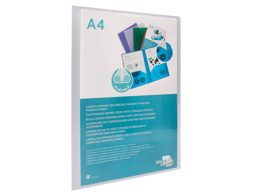 CARPETA LIDERPAPEL DOSSIER DOS BOLSAS CANGURO 45684 POLIPROPILENO DIN A4 TRANSPARENTE