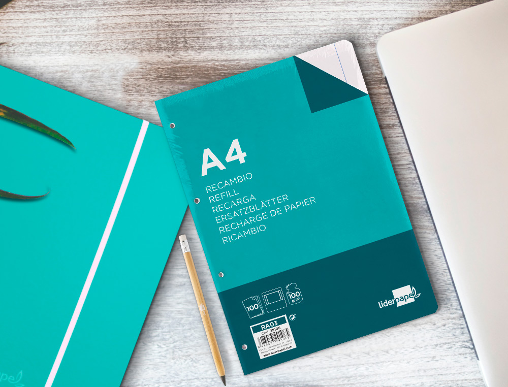 RECAMBIO LIDERPAPEL A4 100 HOJAS 100GR LISO 4 TALADROS DOBLE MARGEN