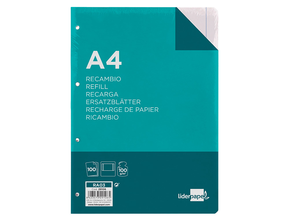 RECAMBIO LIDERPAPEL A4 100 HOJAS 100GR LISO 4 TALADROS DOBLE MARGEN