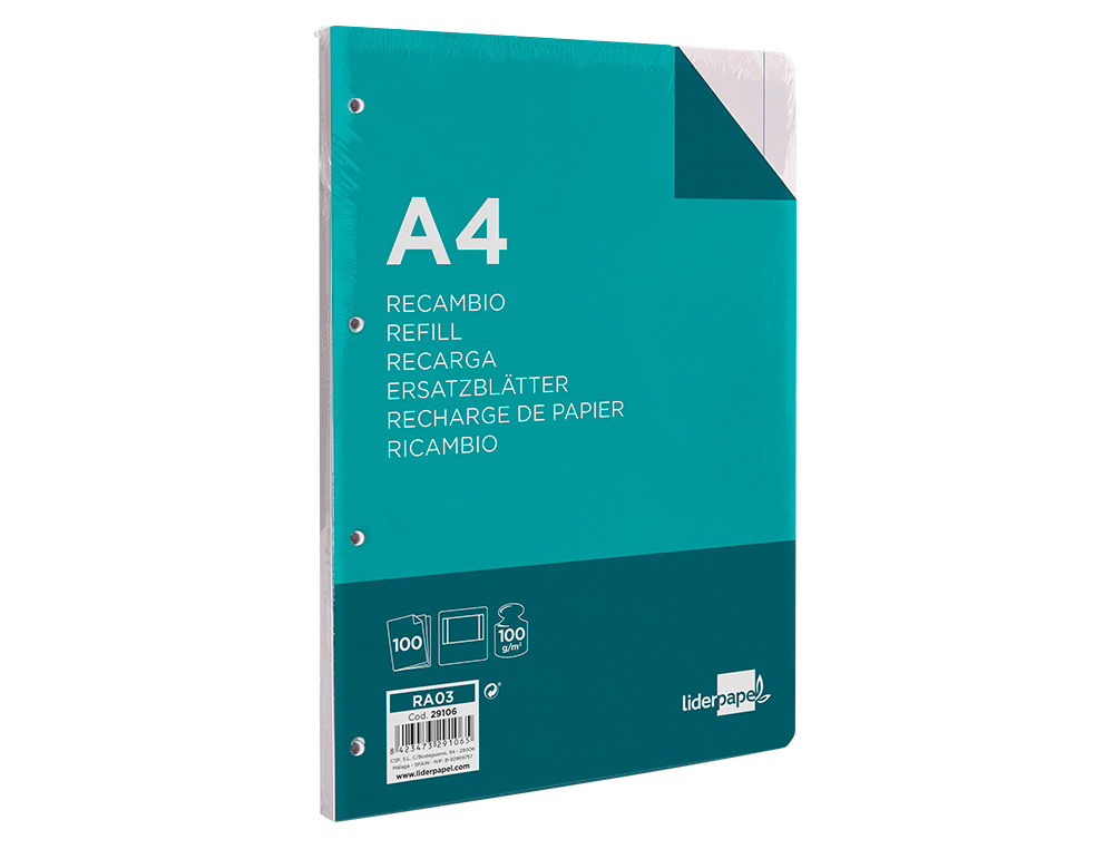 RECAMBIO LIDERPAPEL A4 100 HOJAS 100GR LISO 4 TALADROS DOBLE MARGEN