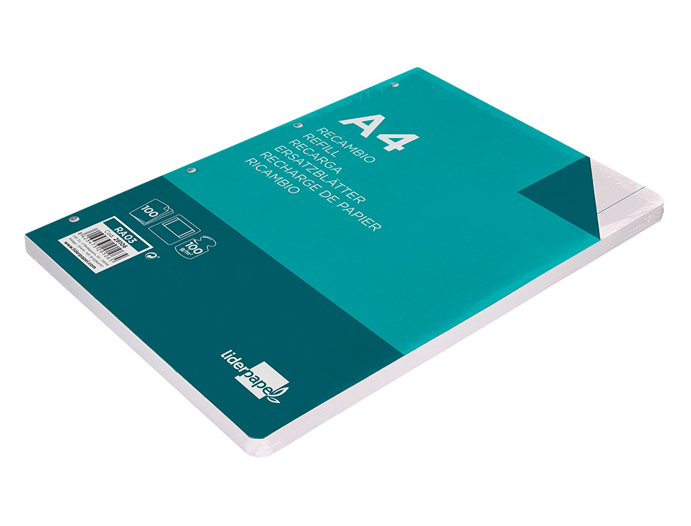 RECAMBIO LIDERPAPEL A4 100 HOJAS 100GR LISO 4 TALADROS DOBLE MARGEN