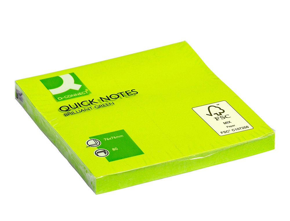 BLOC DE NOTAS ADHESIVAS QUITA Y PON Q-CONNECT 76X76 MM VERDE NEON 80 HOJAS