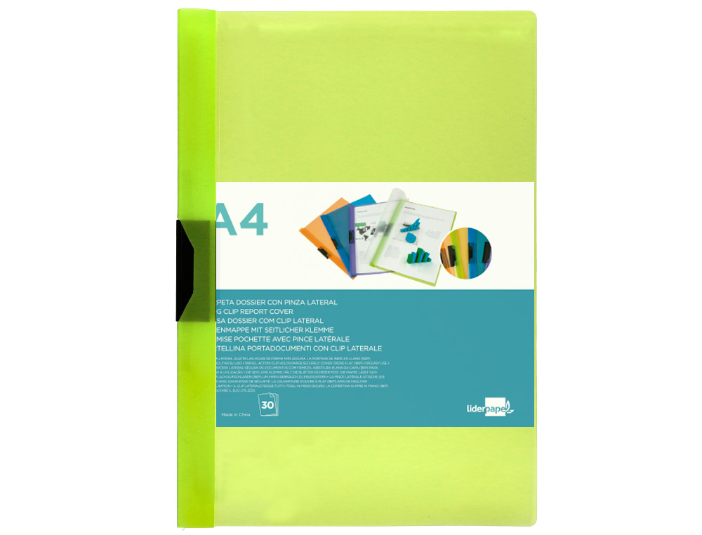 CARPETA LIDERPAPEL DOSSIER PINZA LATERAL 45303 POLIPROPILENO DIN A4 VERDE CLA30 HOJAS PINZA DESLIZANTE