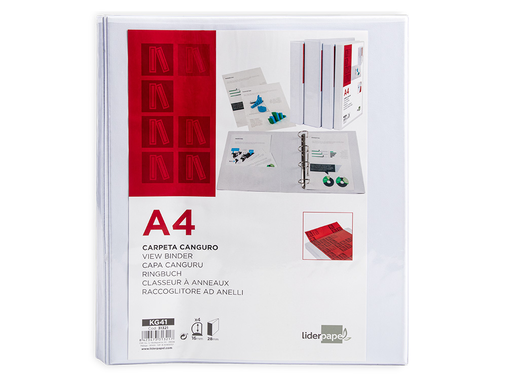 CARPETA CANGURO 4 ANILLAS MIXTAS 16MM LIDERPAPEL A4 PLASTICO COLOR BLANCO