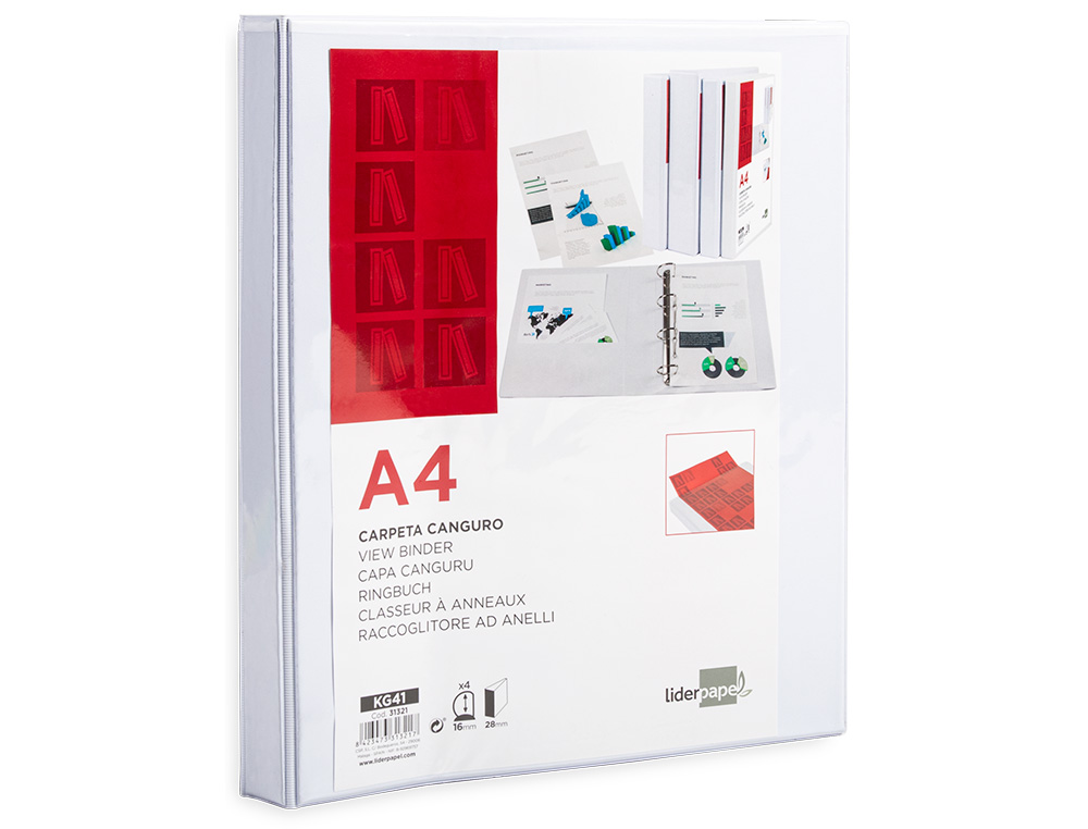 CARPETA CANGURO 4 ANILLAS MIXTAS 16MM LIDERPAPEL A4 PLASTICO COLOR BLANCO