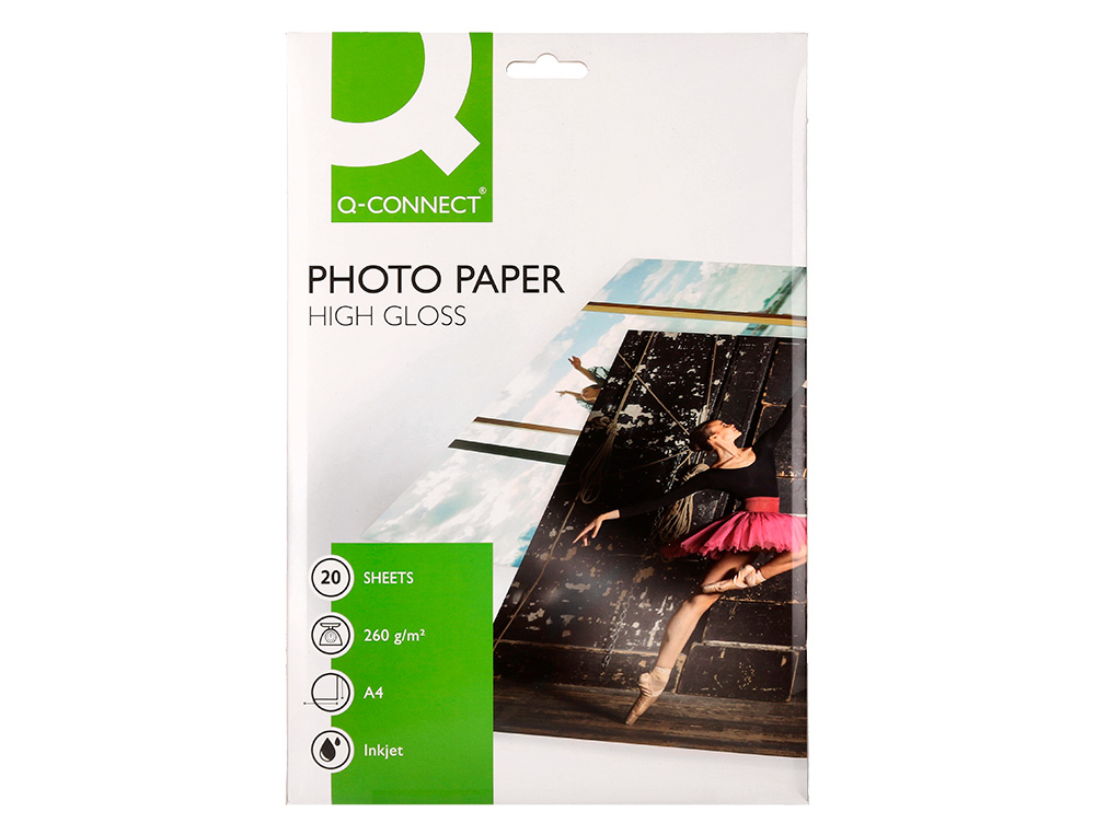 PAPEL Q-CONNECT FOTO GLOSSY KF02163 DIN A4 ALTA CALIDAD DIGITAL PHOTO PARA INK-JET BOLSA DE 20 HOJAS DE 260 GR