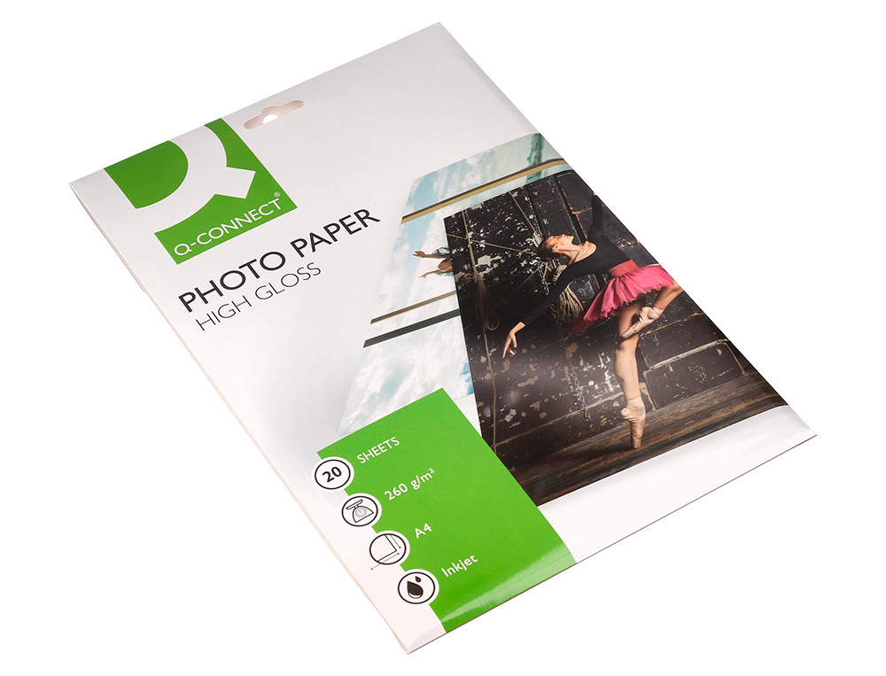 PAPEL Q-CONNECT FOTO GLOSSY KF02163 DIN A4 ALTA CALIDAD DIGITAL PHOTO PARA INK-JET BOLSA DE 20 HOJAS DE 260 GR