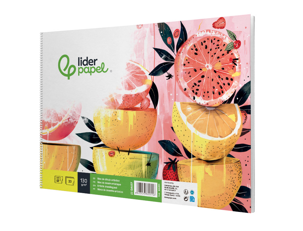 BLOC DIBUJO LIDERPAPEL ARTISTICO FRUTAL ESPIRAL 230X325 MM 20 HOJAS 130G/M2 SIN RECUADRO PERFORADO