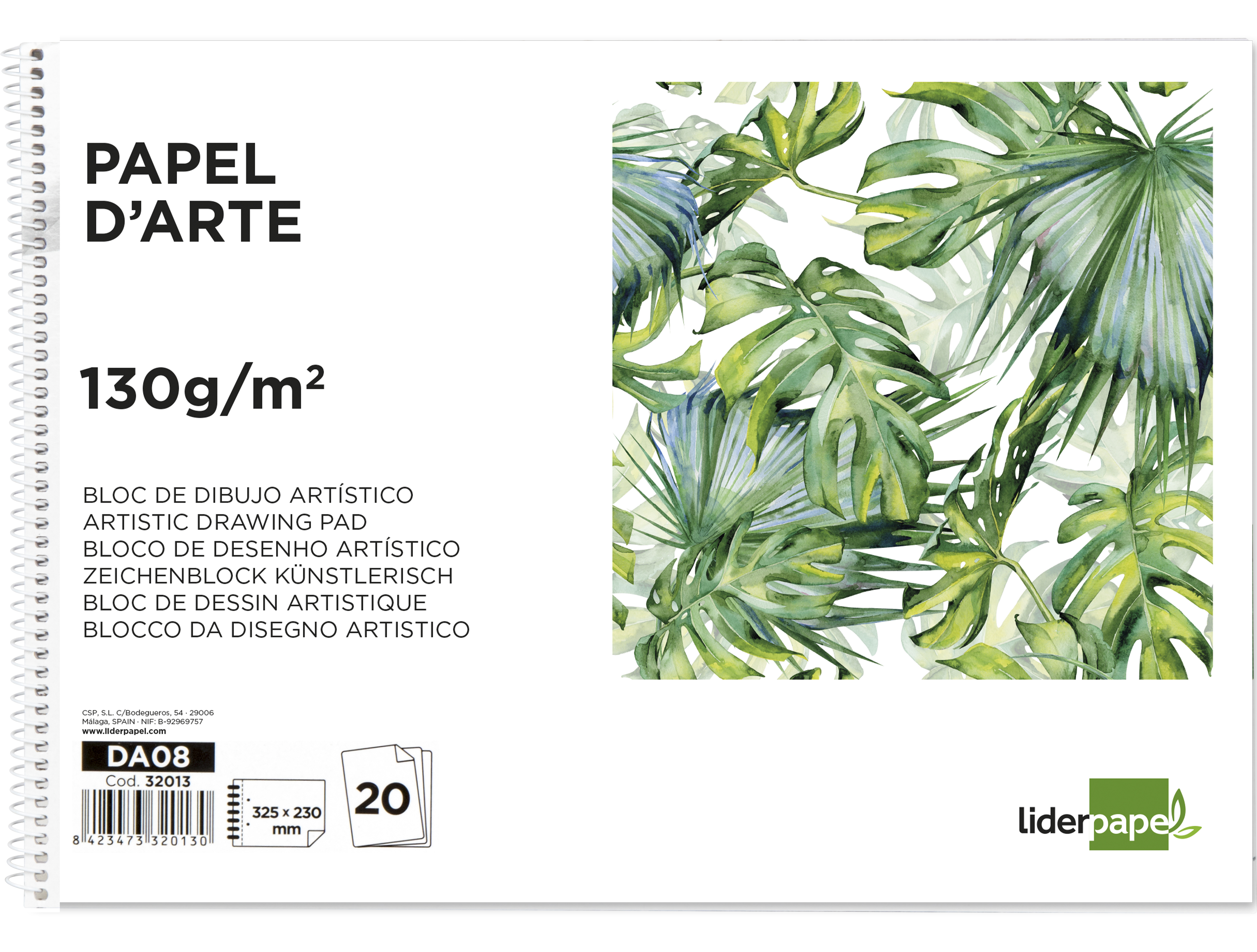 BLOC DIBUJO LIDERPAPEL ARTISTICO ESPIRAL 230X325MM 20 HOJAS 130G/M2 SIN RECUADRO 2 TALADROS PERFORADO