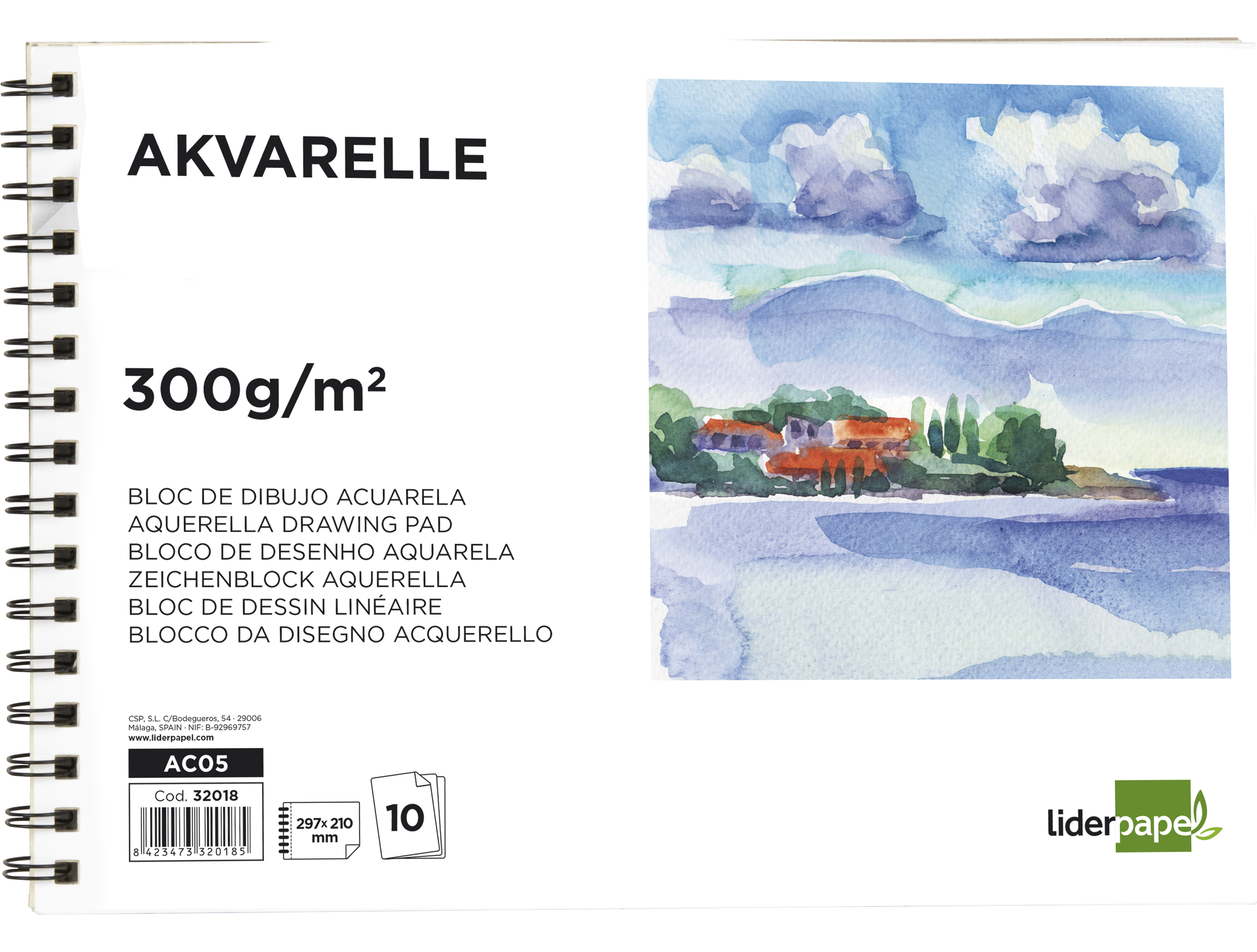 BLOC DIBUJO LIDERPAPEL ACUARELA ESPIRAL 297X210MM 10 HOJAS 300G/M2 SIN RECUADRO