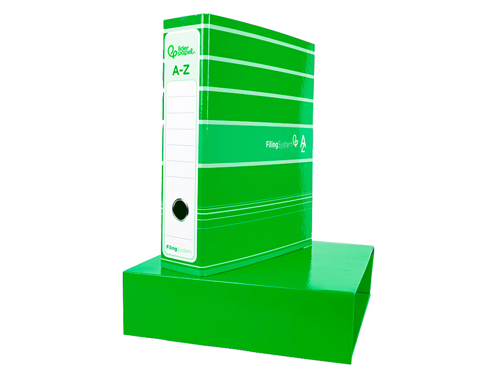ARCHIVADOR DE PALANCA LIDERPAPEL A4 FILING SYSTEM FORRADO SIN RADO LOMO 80MM VERDE CON CAJA Y COMPRESOR METALICO