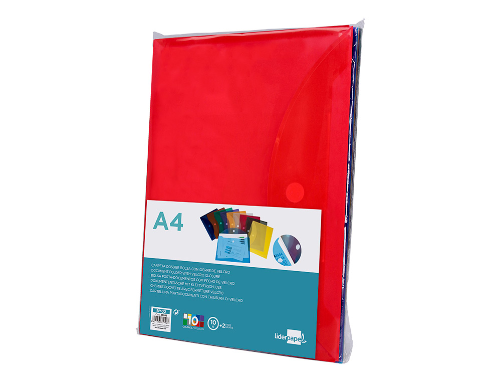 CARPETA LIDERPAPEL DOSSIER A4 CIERRE DE VELCRO COLORES SURTIDOS PACK 10+2 GRATIS