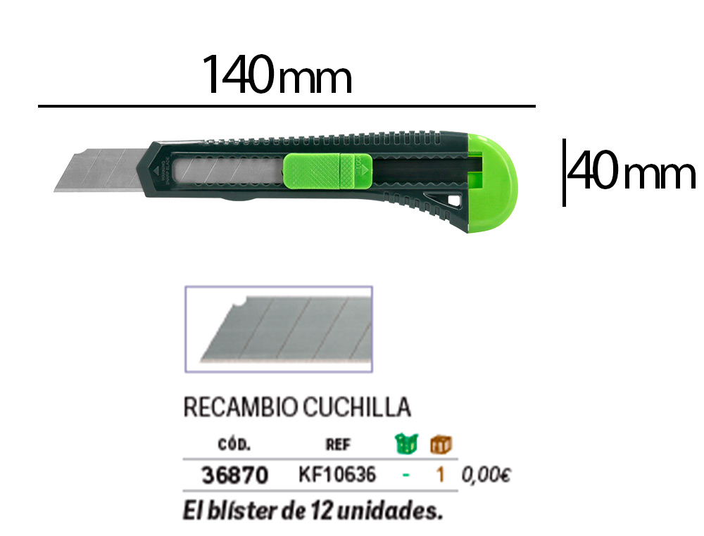 CUTER Q-CONNECT PLASTICO ANCHO CON ASA PARA COLGAR CUCHILLA 18 MM XD-43 BLISTER 1 UNIDAD