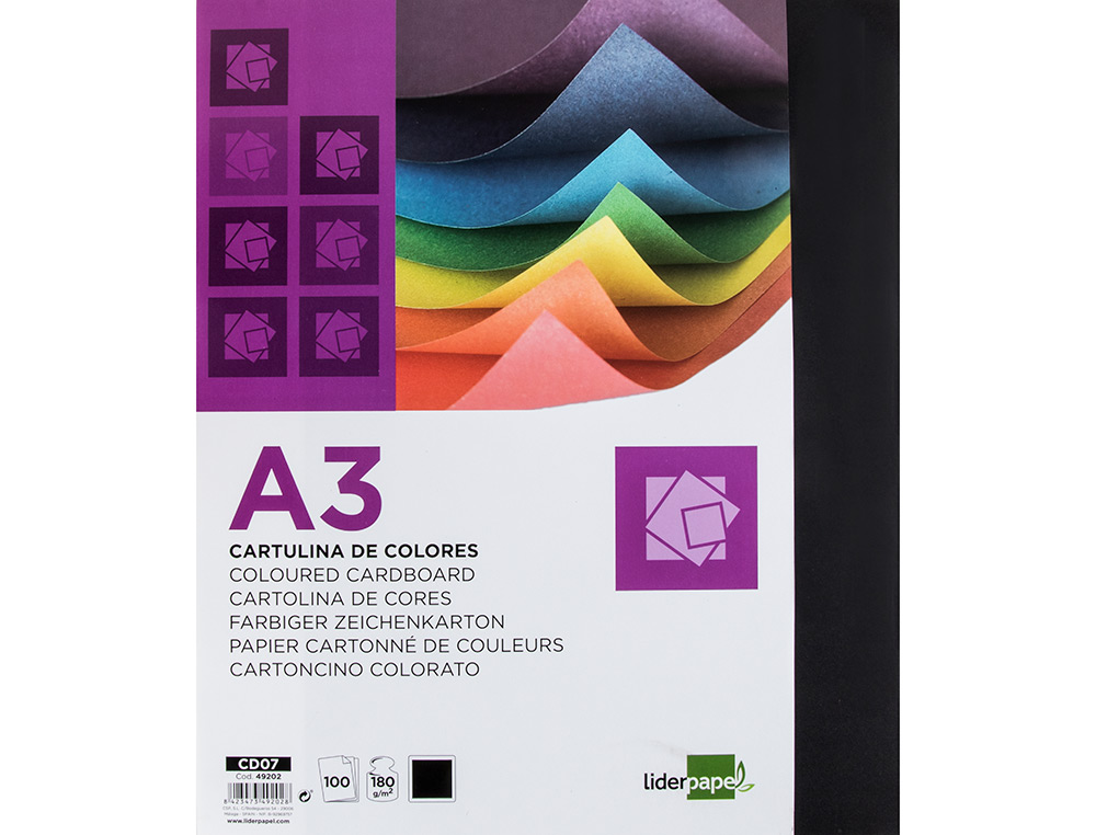 CARTULINA LIDERPAPEL A3 180G/M2 NEGRO PAQUETE DE 100 HOJAS