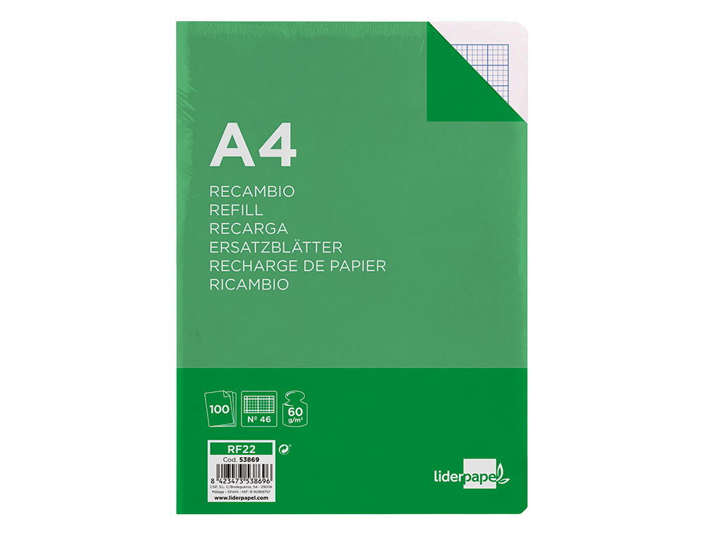 RECAMBIO LIDERPAPEL A4 100 HOJAS 60GR RAYADO Nº 46 4 TALADROS
