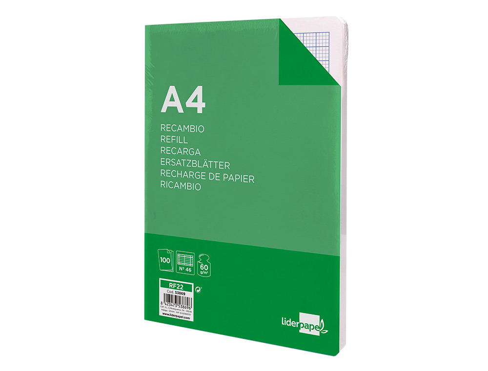 RECAMBIO LIDERPAPEL A4 100 HOJAS 60GR RAYADO Nº 46 4 TALADROS