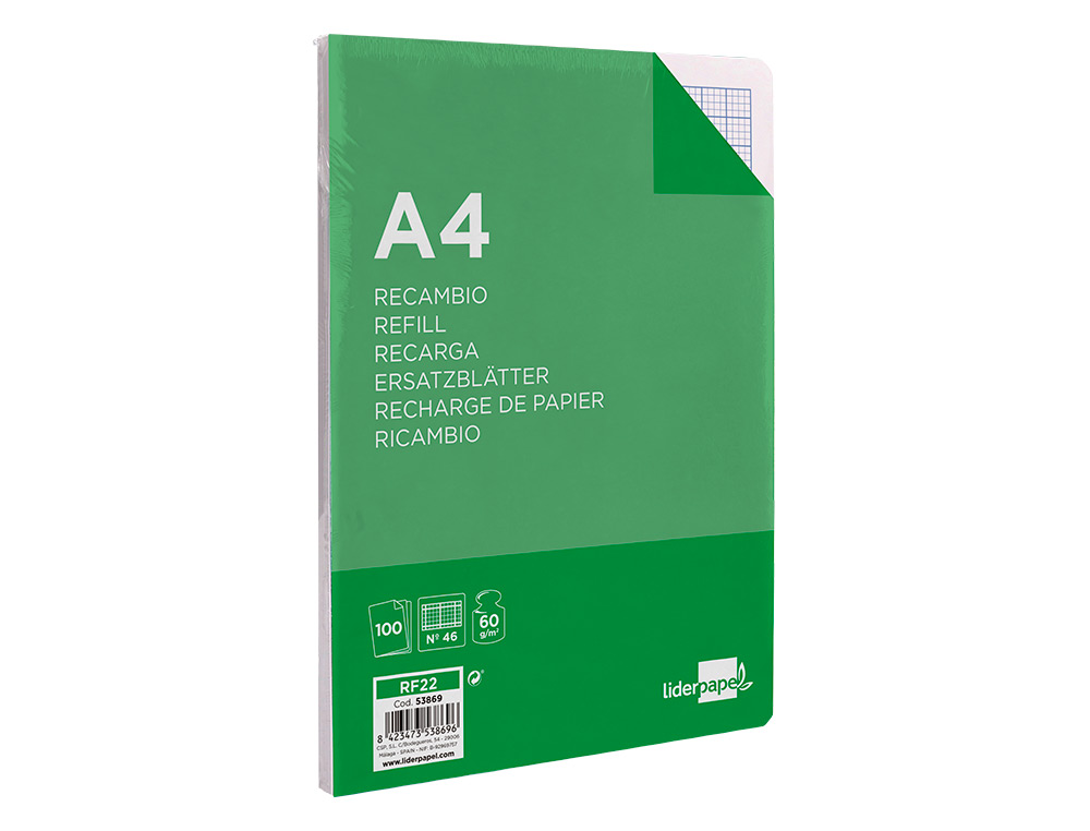 RECAMBIO LIDERPAPEL A4 100 HOJAS 60GR RAYADO Nº 46 4 TALADROS