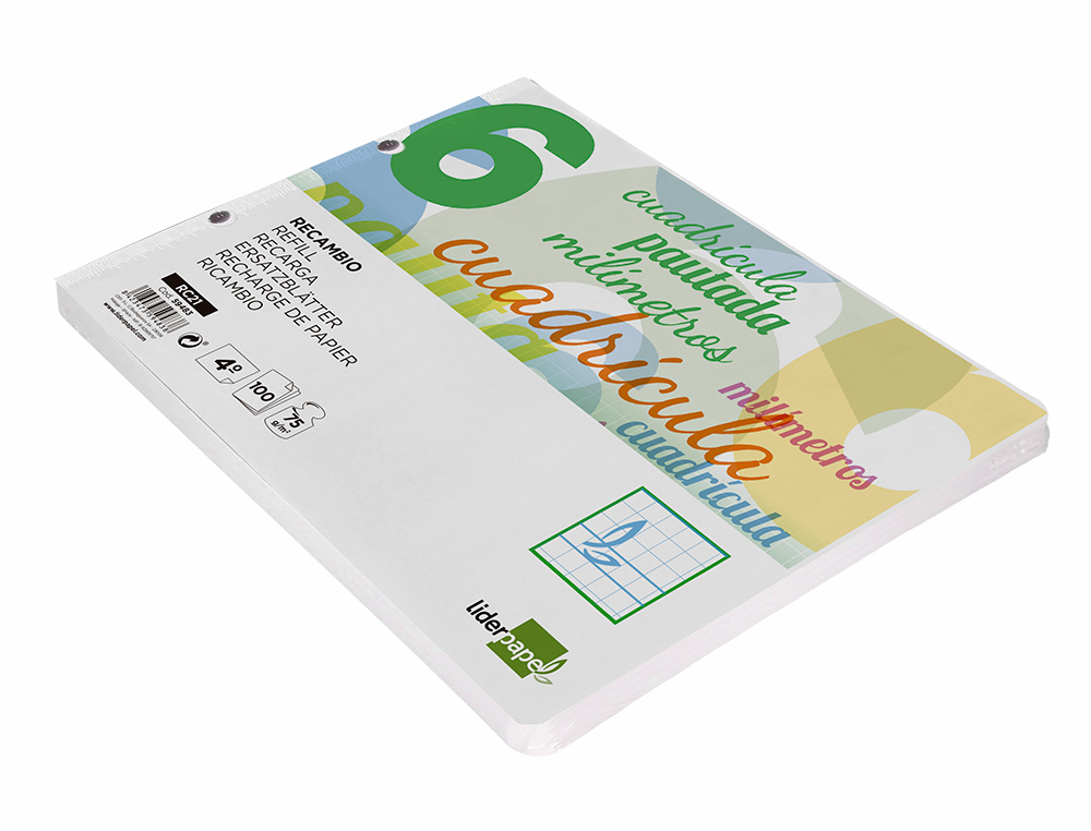 RECAMBIO LIDERPAPEL CUARTO APAISADO PAUTAGUIA 100 HOJAS 75 G CUADRICULADO PAUTADO 6MM CON MARGEN 2 TALADROS