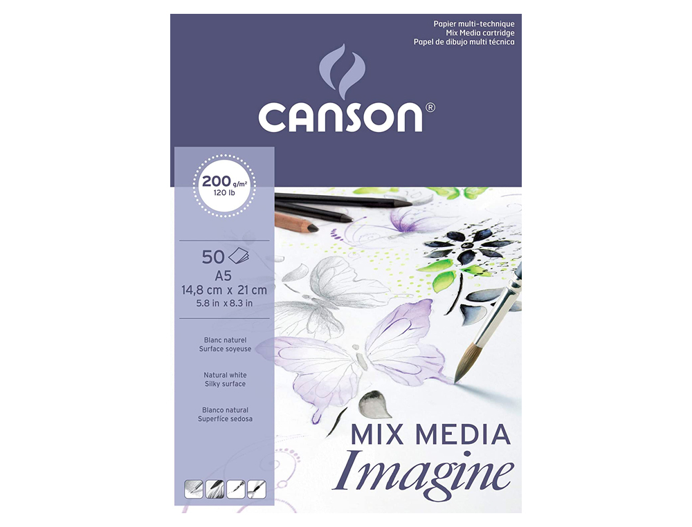BLOC DIBUJO MULTITECNICAS CANSON IMAGINE DIN A5 ENCOLADO LISO 14,8X21 CM 50 HOJAS 200 GR/M2