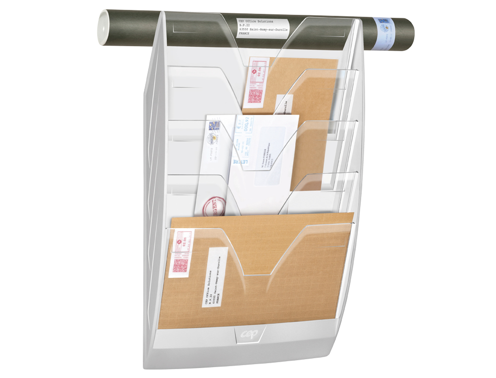 EXPOSITOR MURAL CEP DE PARED CON 5 COMPARTIMENTOS TRANSPARENTE Y BLANCO 580X122X350MM