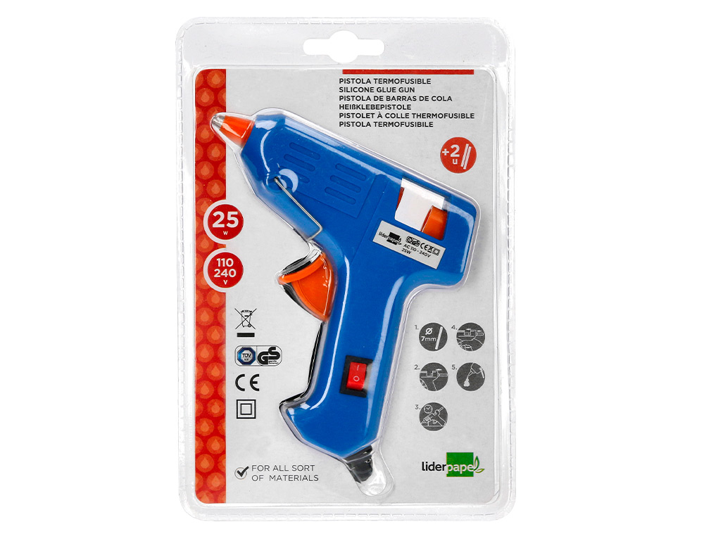 PISTOLA TERMOFUSIBLE MINI LIDERPAPEL DE 25W CON GATILLO DISPENSADOR Y 2 BARRAS DE REPUESTO DE 7 MM DIAMETRO X 100 MM