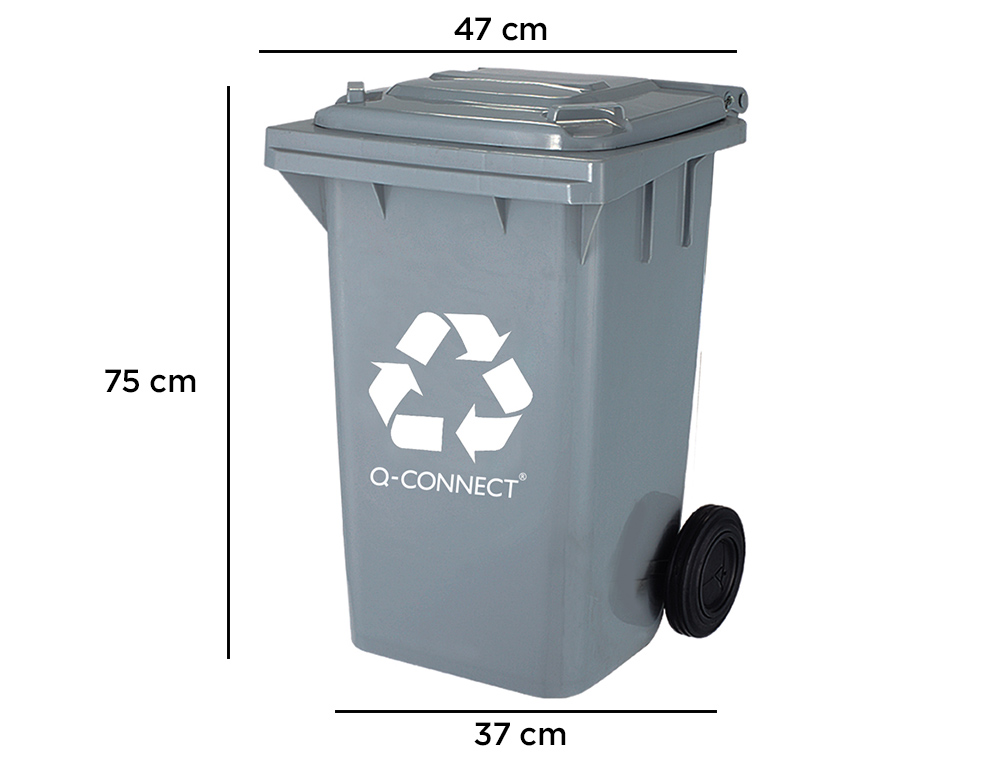 PAPELERA CONTENEDOR Q-CONNECT PLASTICO GRIS PARA DESECHOS EN GENERAL 100 L CON TAPA Y RUEDAS 750X470X370 MM