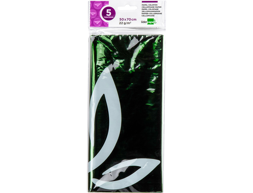 PAPEL CELOFAN LIDERPAPEL 50X70 CM 22G/M2 BOLSA DE 5 HOJAS VERDE