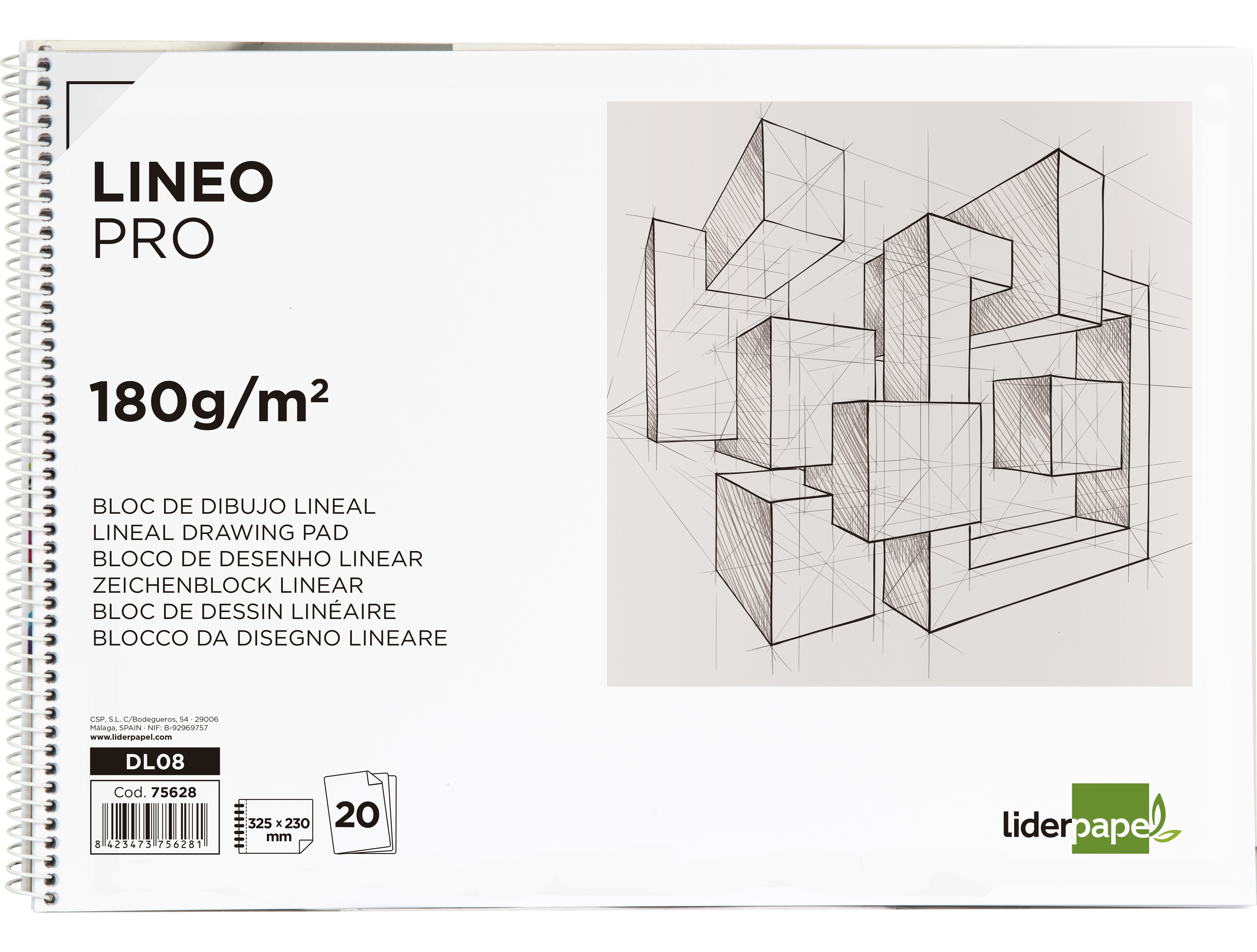 BLOC DIBUJO LIDERPAPEL LINEAL ESPIRAL 230X325MM 20 HOJAS 180 GR/M2 CON RECUADRO PERFORADO