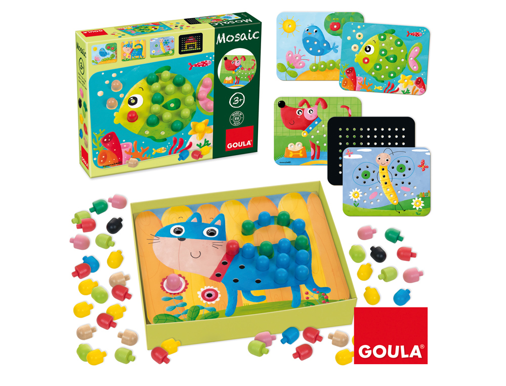 JUEGO GOULA DIDACTICO MOSAICO CON PIVOTES DE COLORES Y LAMINAS DE ANIMALES +3 AOS
