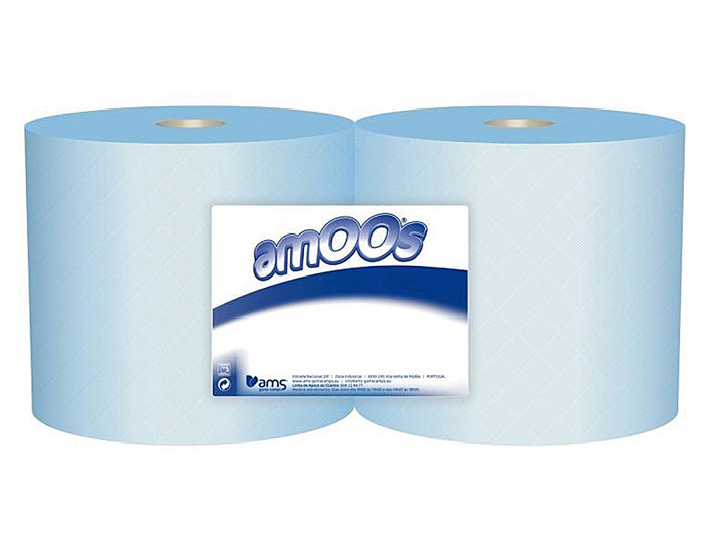 PAPEL SECAMANOS INDUSTRIAL AMOOS 2 CAPAS 235 MM X 300 MT COLOR AZUL PAQUETE DE 2 ROLLOS